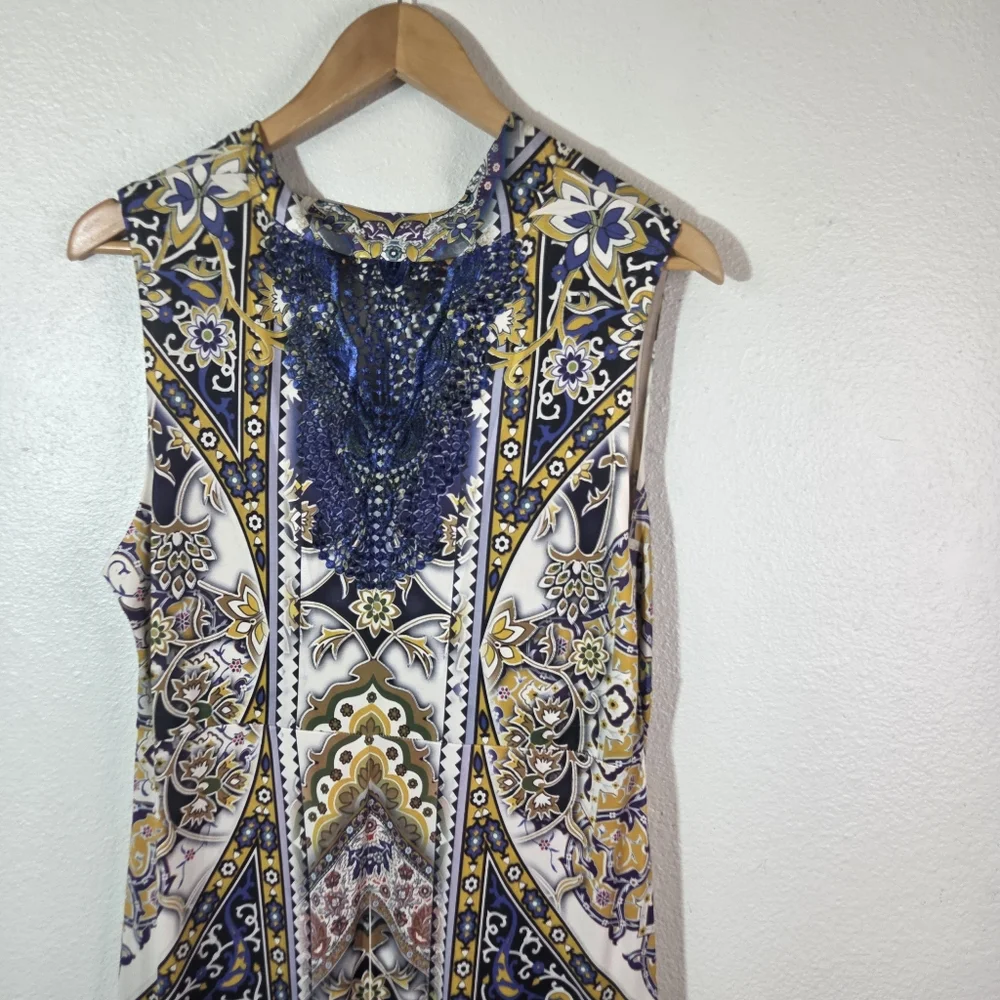 One World Womens XL Boho Maxi Dress Rhinestone Embellished Blue Lace Back - Picture 8 of 12